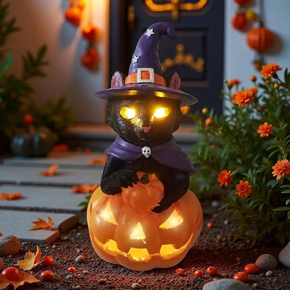 Solar Witch Black Cat Figurine Light for Gothic Theme Party, Solar Outdoor Lights Harvest Pumpkin LED Spooky Cat Garden Statue Led Yard Light Patio Porch Pathway, Fall Decor Home Gifts for Cat Lovers