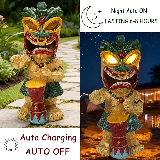 Solar Tiki Garden Statue with LED Eyes Outdoor Polynesian Drummer Hawaiian Party Decor Solar Light Ornament for Patio Porch Lawn or Tiki Lover Best Gifts for Tiki Lovers