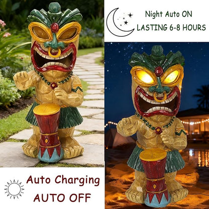 Solar Tiki Garden Statue with LED Eyes Outdoor Polynesian Drummer Hawaiian Party Decor Solar Light Ornament for Patio Porch Lawn or Tiki Lover Best Gifts for Tiki Lovers