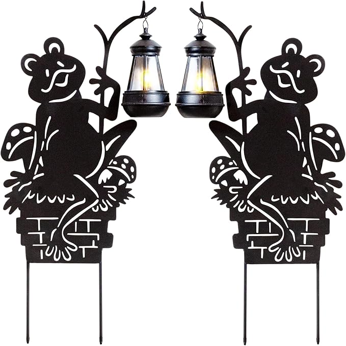 Frogs w/Lamp Solar Garden Stakes (2-Pack); Set of 2 Lawn Ornament Metal Silhouettes with Solar-Rechargeable Lanterns