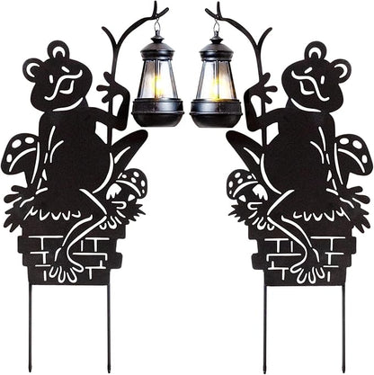 Frogs w/Lamp Solar Garden Stakes (2-Pack); Set of 2 Lawn Ornament Metal Silhouettes with Solar-Rechargeable Lanterns