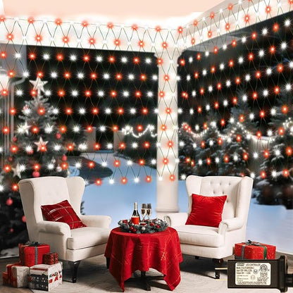 Lovelite Christmas Net Lights Red & White, 14.8ft x 5ft 300LED Mesh Lights Outdoor Green Wire 8 Modes Timer, Waterproof Connectable String Lights for Bushes Xmas Tree Garden Holiday Party Decor