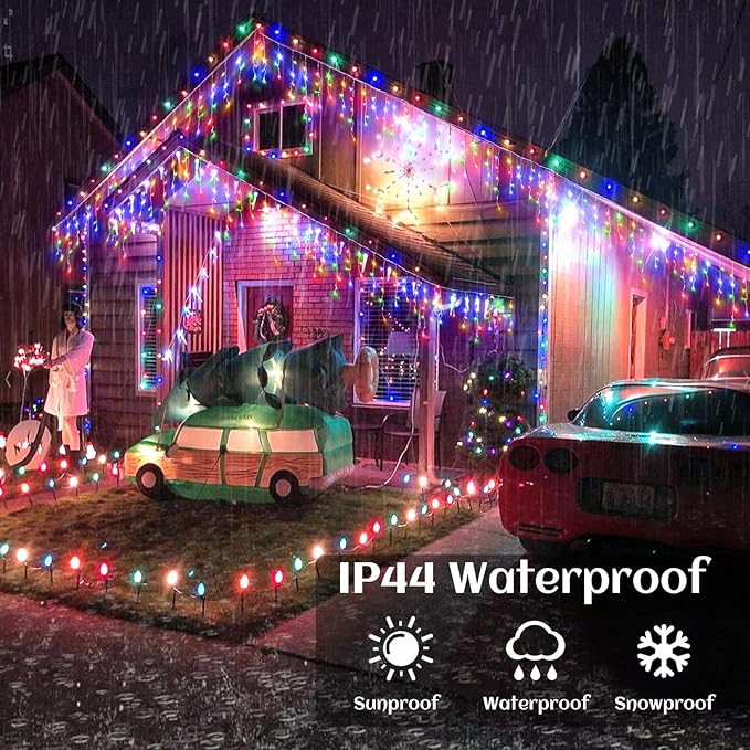 Icicle lights Outdoor - 66ft Christmas Lights with 640LED 120 Drops 8 Modes, Plug in Curtain String Lights | Lumora