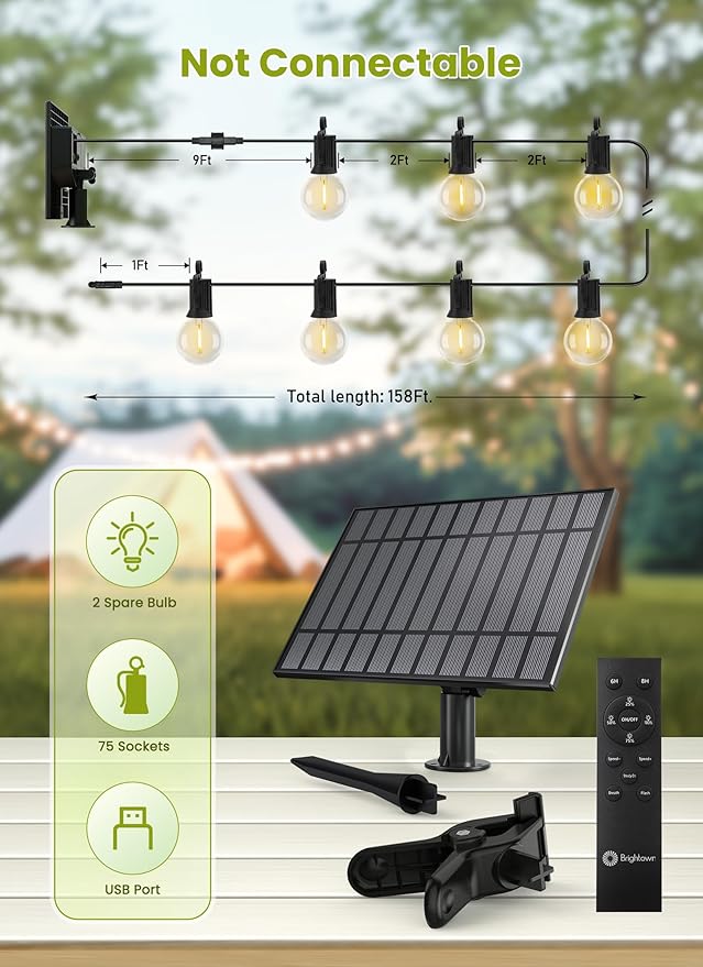 Brightown 158FT Solar String Lights Outdoor Waterproof with Remote, Solar Patio Lights with 75 Shatterproof LED | Lumora