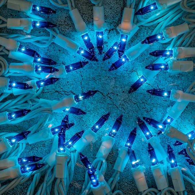 YULETIME 200 Blue Christmas Lights, Pack of 2 Sets 33 Feet 100 Count UL Certified Incandescent String Lights (Blue - White Wire)
