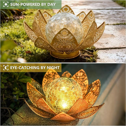 Solar Lights Outdoor Waterproof Lotus Flower Metal Yard Art Decoration Crackle Globe Glass Solar Lamp Garden Decor for Outside, Flowerbed Lawn Patio Porch Pathway Pond Decorations