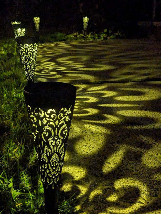EX ELECTRONIX EXPRESS 6 Pack Solar Charging Decorative Walkway Patio Lawn Lights - Warm Yellow Subtle Pattern Lighting - Automatic On at Dusk and Off at Sunrise - Weatherproof Black Plastic