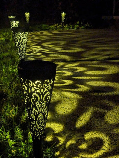 EX ELECTRONIX EXPRESS 6 Pack Solar Charging Decorative Walkway Patio Lawn Lights - Warm Yellow Subtle Pattern Lighting - Automatic On at Dusk and Off at Sunrise - Weatherproof Black Plastic