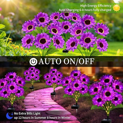 Solar Garden Lights Outdoor, 4 Pack Solar Purple Sunflower Lights with 18 Head 3.4 Inch Flowers, Waterproof Flowers Light Fall Decor Auto ON/Off for Garden Yard Patio Backyard, Gifts for Mom Women