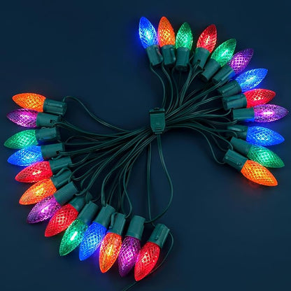 YULETIME Multicolor C9 LED Christmas Lights, 25 Feet 25 Count 12" Spacing Faceted Strawberry Bulbs UL Certified Outdoor String Light Set (Multicolor)