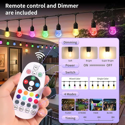 26FT Outdoor String Lights, Outdoor Lights for Patio,with 12+2 LED RGBW Color Change,3000K Bright White Waterproof Bulbs, Dimmer & Remote, Customized 12 Colors & 4 Modes, for Backyard Decor