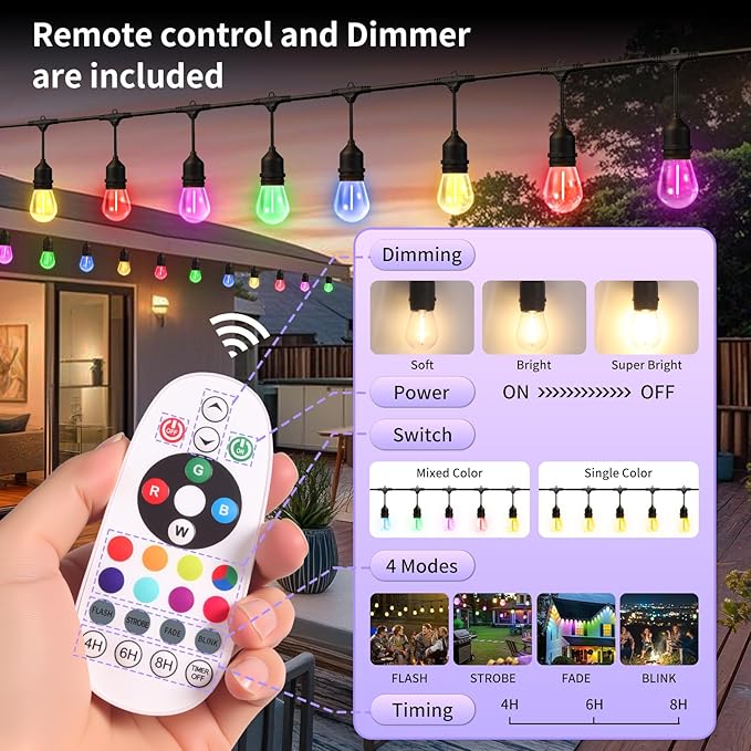 50FT Outdoor String Lights, Outdoor Lights for Patio,with 24+2 LED RGBW Color Change,3000K Bright White Waterproof Bulbs, Dimmer & Remote, Customized 12 Colors & 4 Modes, for Backyard Decor