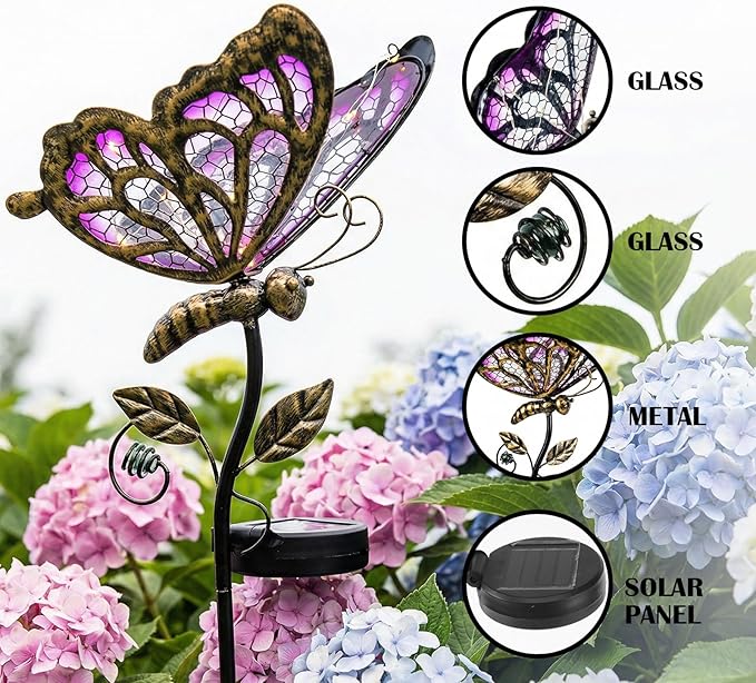 Decorative Outdoor Solar Butterfly Lights,Warm LED Handcrafted Pink Glass Stakes, 35 Inch Tall, Auto On-Off for Up to 8 Hours Glow, Waterproof Yard Patio Ornaments