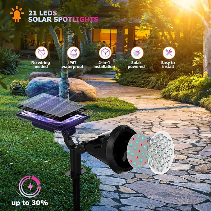 Solar Color Spot Lights Outdoor, 21 LEDs Color Changing Outdoor Lights, IP67 Waterproof RGB Multicolor Yard Solar | Lumora