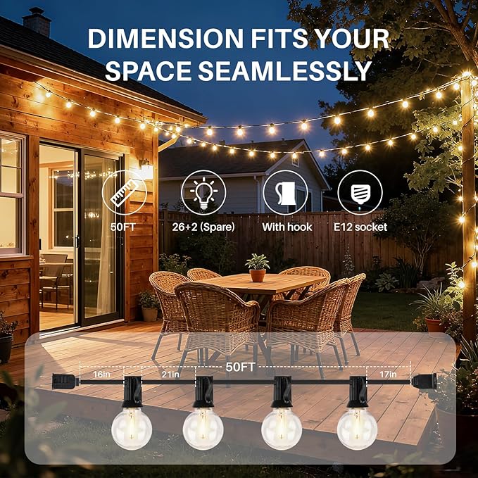 50 FT Outdoor String Lights G40 Globe Shatterproof Patio Lights,26 Plastic Edison Bulbs(2 Spare) IP65 Waterproof Dimmable LED Bulbs for Backyard Porch Balcony Party Decor, E12 Base, 2700K