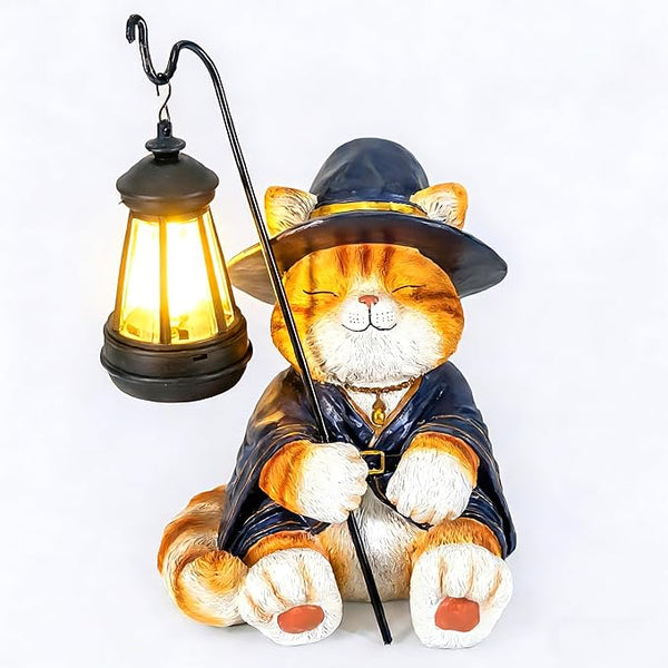 Decorative Solar Lights Garden Cat Statue Outdoor Figurine Light Themed Wizard Cat Lantern for Garden Decoration | Lumora