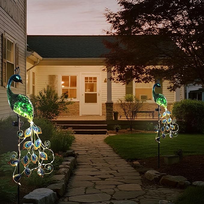 Solar Peacock + Moon Angel Garden Stake Lights Outdoor, Waterproof Metal Glass Decorative Landscape Path Lights with Stake Easy Install for Pathway Patio Lawn Yard