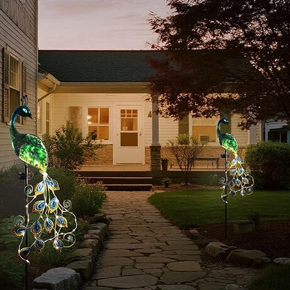 Solar Peacock Garden Stake Lights Outdoor, Waterproof Metal Glass Decorative Landscape Path Lights with Thick Stake Glow in The Dark Eye for Pathway Patio Lawn Yard