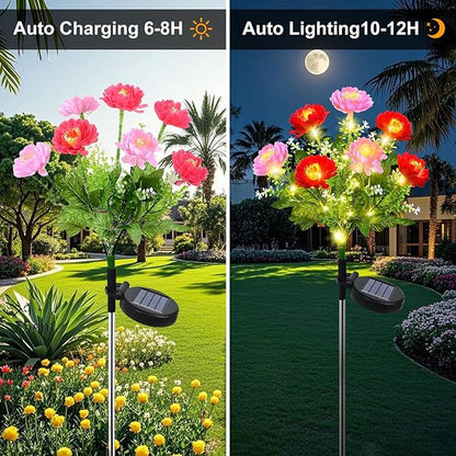 2 Pack Solar Flower Lights Outdoor - 14 Blooming Waterproof Snow Lotus Garden Lights for Patio, Yard, Pathway, and Landscape Decoration - Auto On/Off, IP65