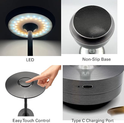 Cordless Table Lamps Rechargeable, Portable Battery Operated Lamp, 3 Color Stepless Dimming LED Table Light with Memory Function, for Outdoor/Dinner/Patio/Restaurant (Gun Metal Silver)
