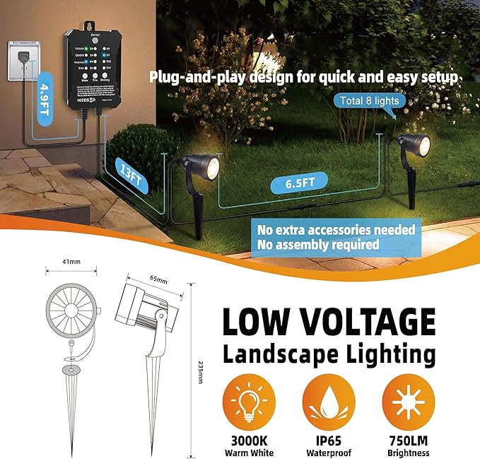 COLOER All-in-One Low Voltage Landscape Lighting Kit, 8 Pack 5W Landscape Lights with Transformer and Connectors | Lumora