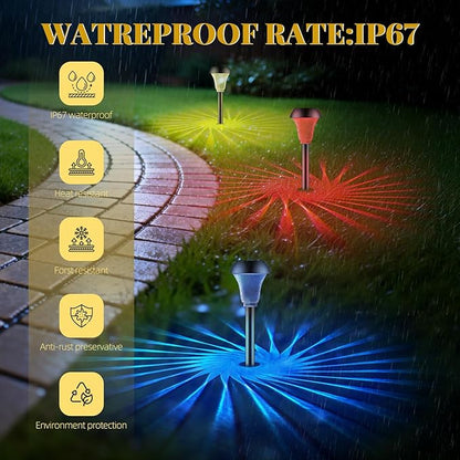 2 Pack Solar Pathway Lights Outdoor, New Upgraded Waterproof LED Lights, 3 Variants (Warm White/Golden/7-Color Slow Flash) with Unique Lamp Shade Patterns, for Garden (2-Pack Colorful Light)