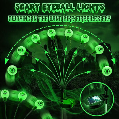Solar Halloween Lights Decorations Outdoor: 2 Pack 16LED Scary Eyeball Light Swaying for Yard Decor - Green Firefly Ghost Lighting Garden Lawn Pathway Party Outside Decorative