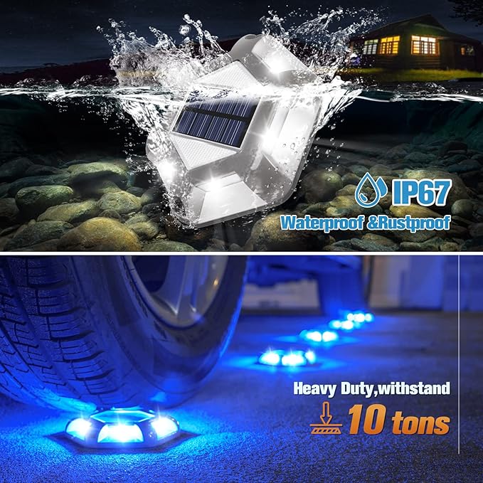 VOLISUN Solar Dock Lights, 16-Pack Waterproof Outdoor LED Aluminum Dock Lighting Warning Step Lights for Driveway (Blue+White, 2 Colors in 1), Auto On/Off