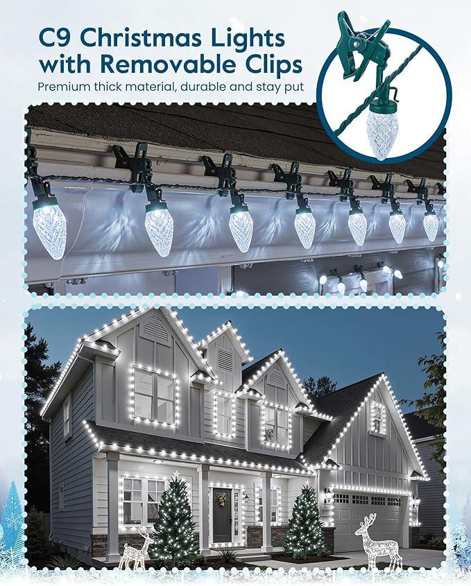 C9 Christmas Lights Outdoor with 100 Spring Clips 65FT 100 LED, C9 String Lights Waterproof Connectable Commercial Grade for Outside House Roof Patio Garden Yard Outdoor Christmas Decorations, White