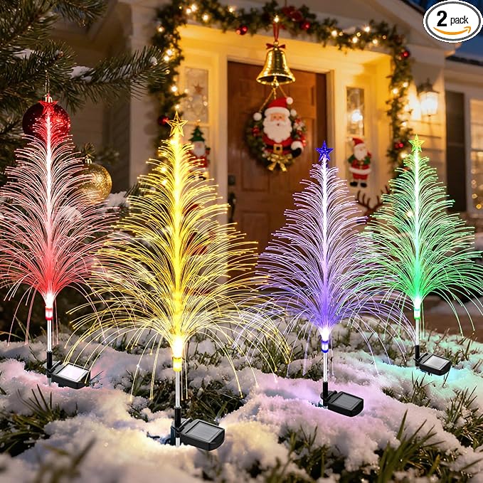6 Packs Christmas Tree Solar Garden Light with Multi-Colored Change, Auto ON/Off Outdoor Yard Light, Solar Lighting for Garden, Porch, Christmas and Festival Decoration (L_Size)