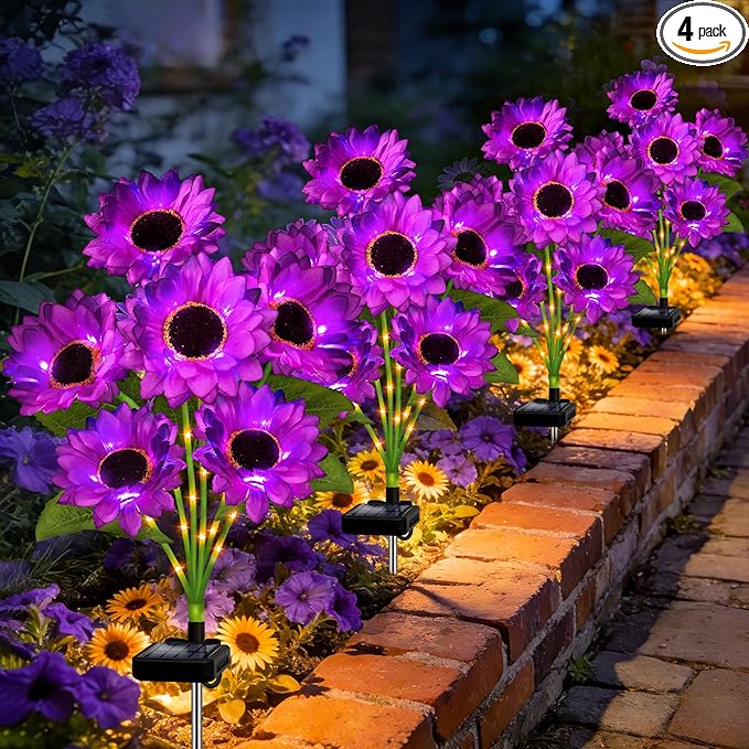 Solar Sunflower Lights Outdoor Garden Decor, 4 Pack Solar Purple Flowers Lights with 24 Sunflowers, Waterproof Fall Decor Stake Decorative Light Auto ON/Off for Garden Yard Patio, Gift for Women