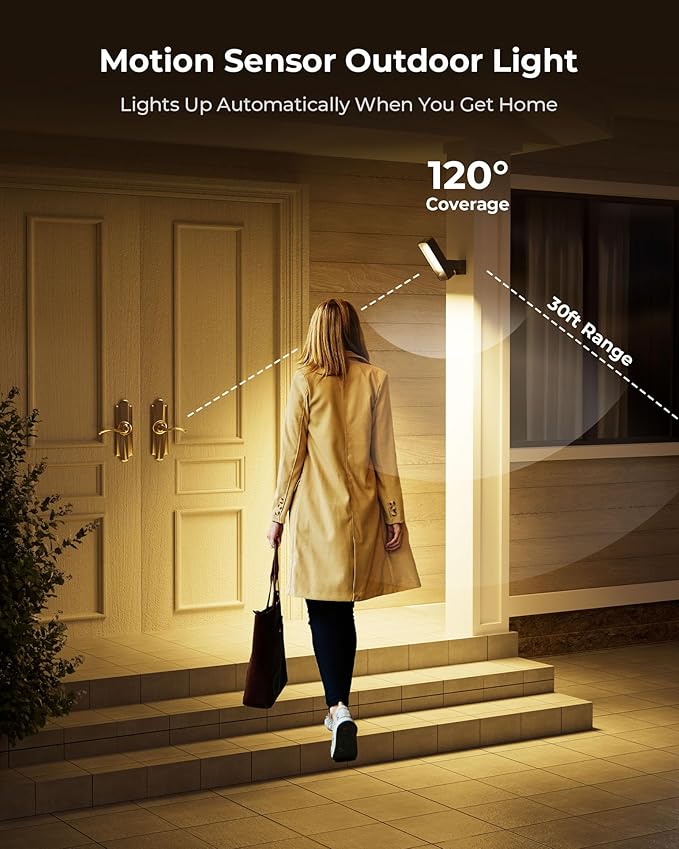 2 Pack Motion Sensor Outdoor Lights, 10000mAh Rechargeable 600 Lumen Battery Operated Outdoor Wall Lights with 3 | Lumora