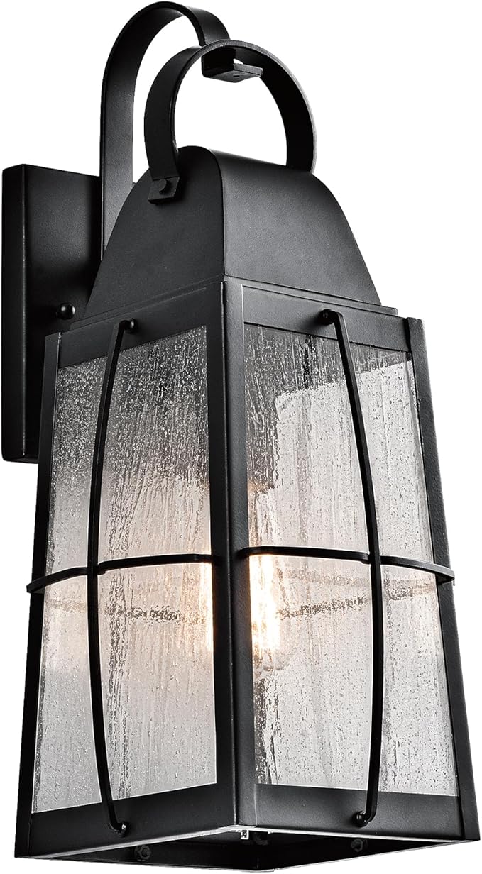 Kichler Tolerand 17.75"" Outdoor Wall Light in Textured Black, 1-Light Exterior Wall Sconce Porch Light with Clear Seeded Glass, (17.75" H x 7.75" W), 49553BKT