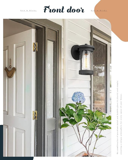 Ken & Ricky Outdoor Wall Light Fixture,Exterior Lighting Fixtures,Modern Sconce Lights for Porch Patio Garage Front Door (Black,Seeded Glass, 1PK)