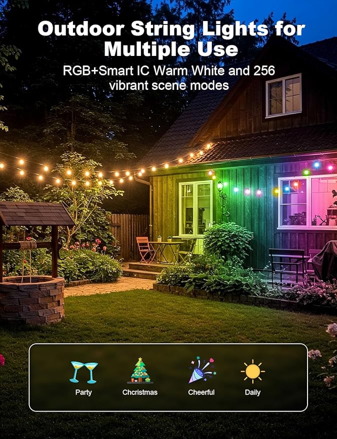 Outdoor String Lights APP Control with Remote, 64(52+12) ft RGB+IC+Warm White Outdoor Lights 18 LED Bulbs Music | Lumora