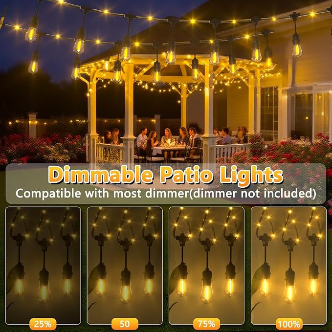 Outdoor String Lights with Lighted Tubing, 48 ft Outside String Lights with 16 (15+1spare) S14 Retro Bulbs & 144-LED Lighted Fairy Tubing, IP65 Waterproof &Connectable LED Light for Patio Bistro