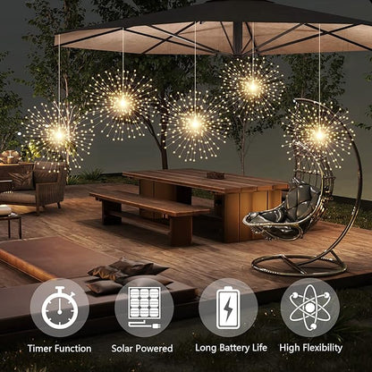 4 Pcs 800LED Solar Starburst Sphere Lights,Firework Light Remote Control Timer 8 Modes Dimmable Waterproof Hanging Fairy Lights, Sparkly Light for Patio Garden Tent Outdoor(Warm White)