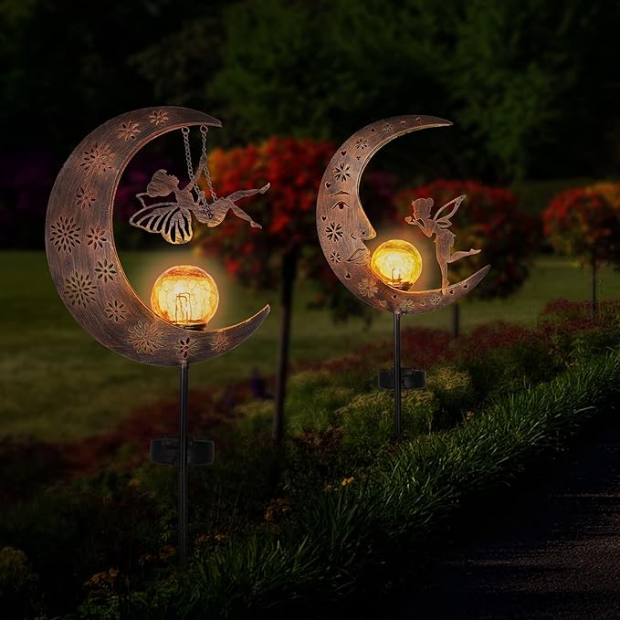 TERESA'S COLLECTIONS 2 Pcs Fairy Moon Garden Accessories for Yard Decorations Outdoor, Solar Lights for Garden Decor Outside, 40" Metal Yard Stake Pathway Lights for Patio, Gift for Christmas