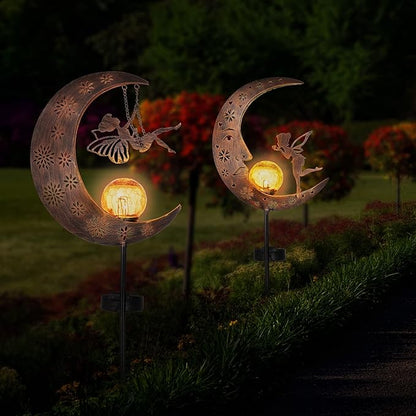 TERESA'S COLLECTIONS 2 Pcs Fairy Moon Garden Accessories for Yard Decorations Outdoor, Solar Lights for Garden Decor Outside, 40" Metal Yard Stake Pathway Lights for Patio, Gift for Christmas