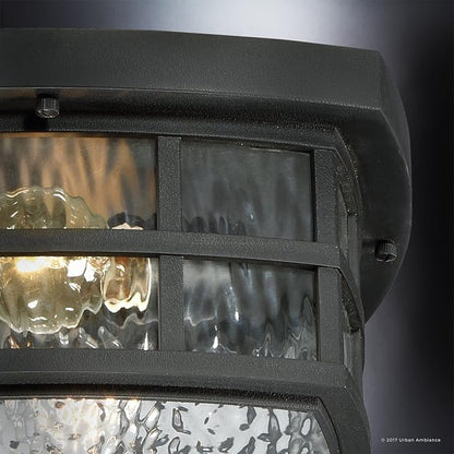 Urban Ambiance Luxury Craftsman Outdoor Ceiling Light, Small Size: 5.75" H x 12" W, with Tudor Style Elements, Highly-Detailed Design, High-End Black Silk Finish and Water Glass, UQL1248