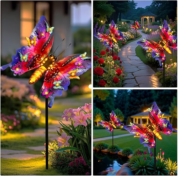 ANGMLN Solar Garden Lights, Outdoor Butterfly Garden Decor Large 41" Metal Decorative Lights, Waterproof Butterfly Outside Decoration Patio Yard Porch Birthday Gardening Gifts for Mom Women, Purple