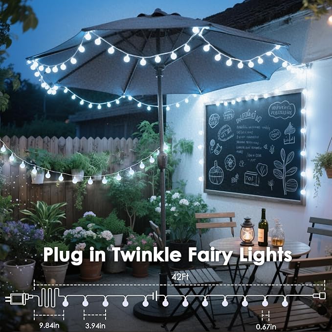 100LED Connectable String Lights Indoor Outdoor for Bedroom, 43ft White Globe Lights Plug in with Remote & Timer, 8 | Lumora