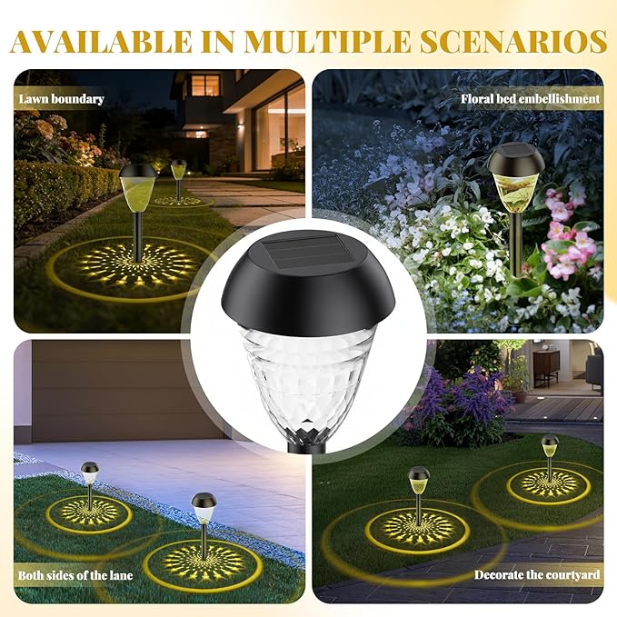 2 Pack Solar Pathway Lights Outdoor, New Upgraded Waterproof LED Lights, 3 Variants (Warm White/Golden/7-Color Slow Flash) with Unique Lamp Shade Patterns, for Garden (2-Pack Warm Light)