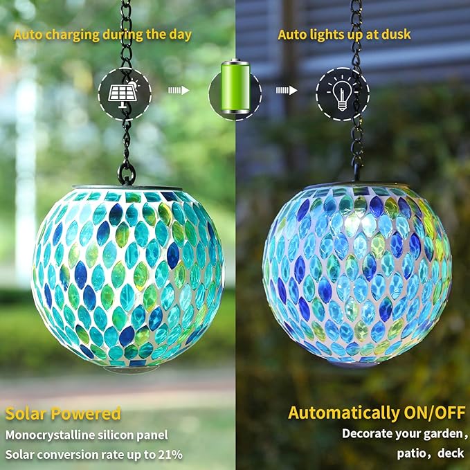 VCUTEKA Hanging Solar Lanterns Mosaic Solar Lights with Hook Up, Outdoor Garden Lights Decor for Yard Tree Fence | Lumora