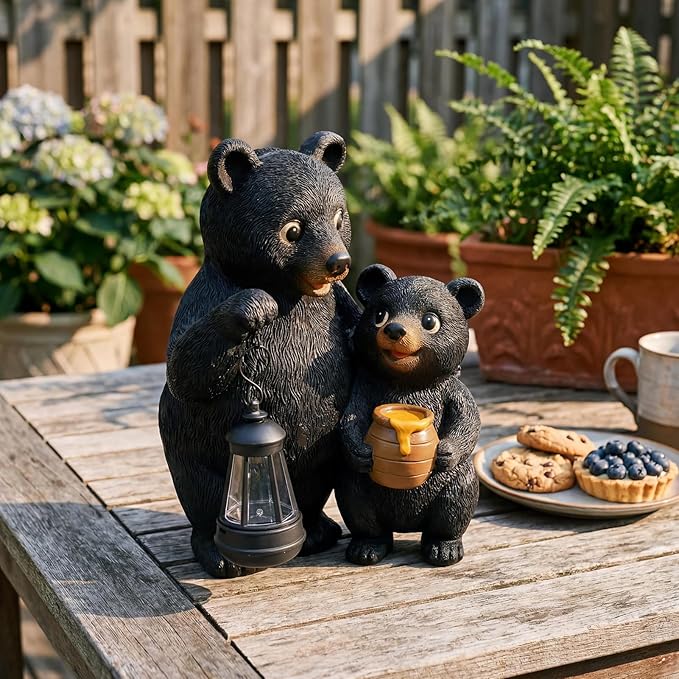 Lavezee Garden Bear Statues, Mother and Baby Bear Figurines with Solar Lantern for Outdoor Porch Yard Lawn, Unique Bear Gifts for Mom Grandma Wowen