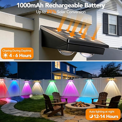 Solar Fence Lights Outdoor 8Pack, Warm White & 6 Color Change and Glass Panel, Waterproof High Brightness Solar LED Deck Lighting for Outside Stairs, Porch Step, Railing, Backyard, Pool