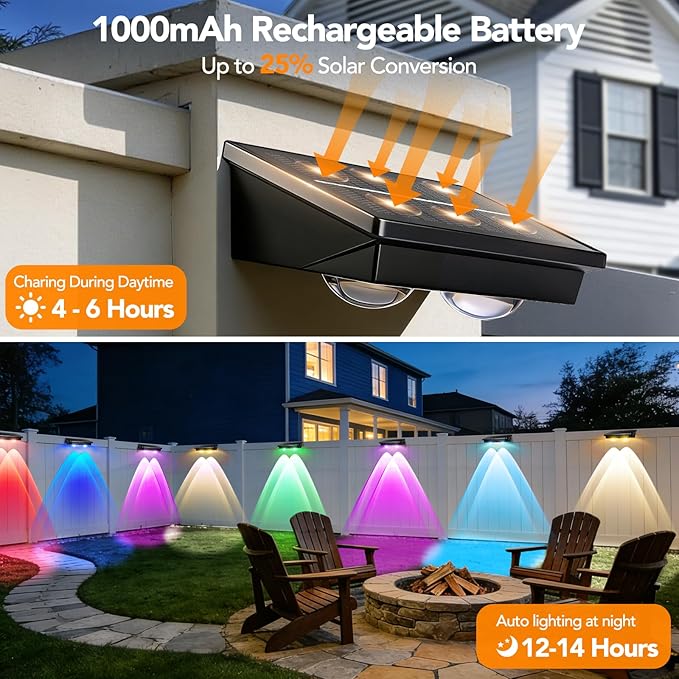 Solar Fence Lights Outdoor 2Pack, Warm White & 6 Color Change and Glass Panel, Waterproof High Brightness Solar LED | Lumora