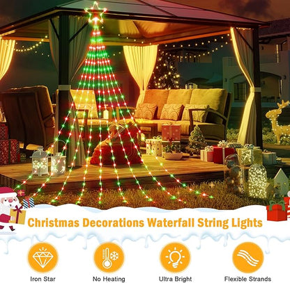 Christmas Decorations Star String Lights - 344 LED 11.8ft 9 Strands Waterfall Tree Lights with Topper Star, 8 Lighting Modes Indoor Outdoor Decorative Lights for Wedding Yard Party Home, Red & Green
