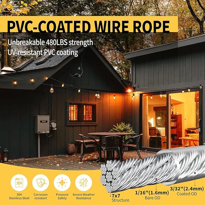 165FT Outdoor String Light Hanging Kit, Heavy Duty 1/16" Vinyl-Coated 304 Stainless Steel Cable, Globe Light | Lumora
