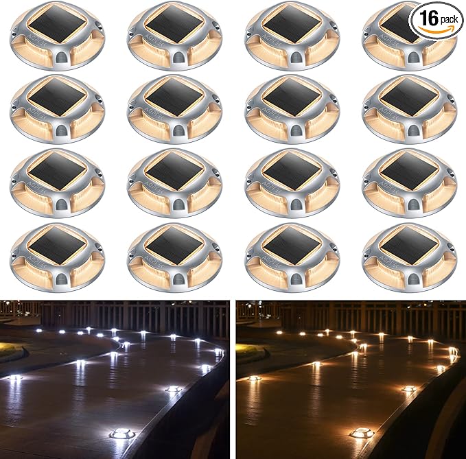 AGPTEK Solar Driveway Lights Outdoor 16 Pack, 2 Color Modes LED Deck Dock Marine Waterproof Driveway Marker Lights | Lumora